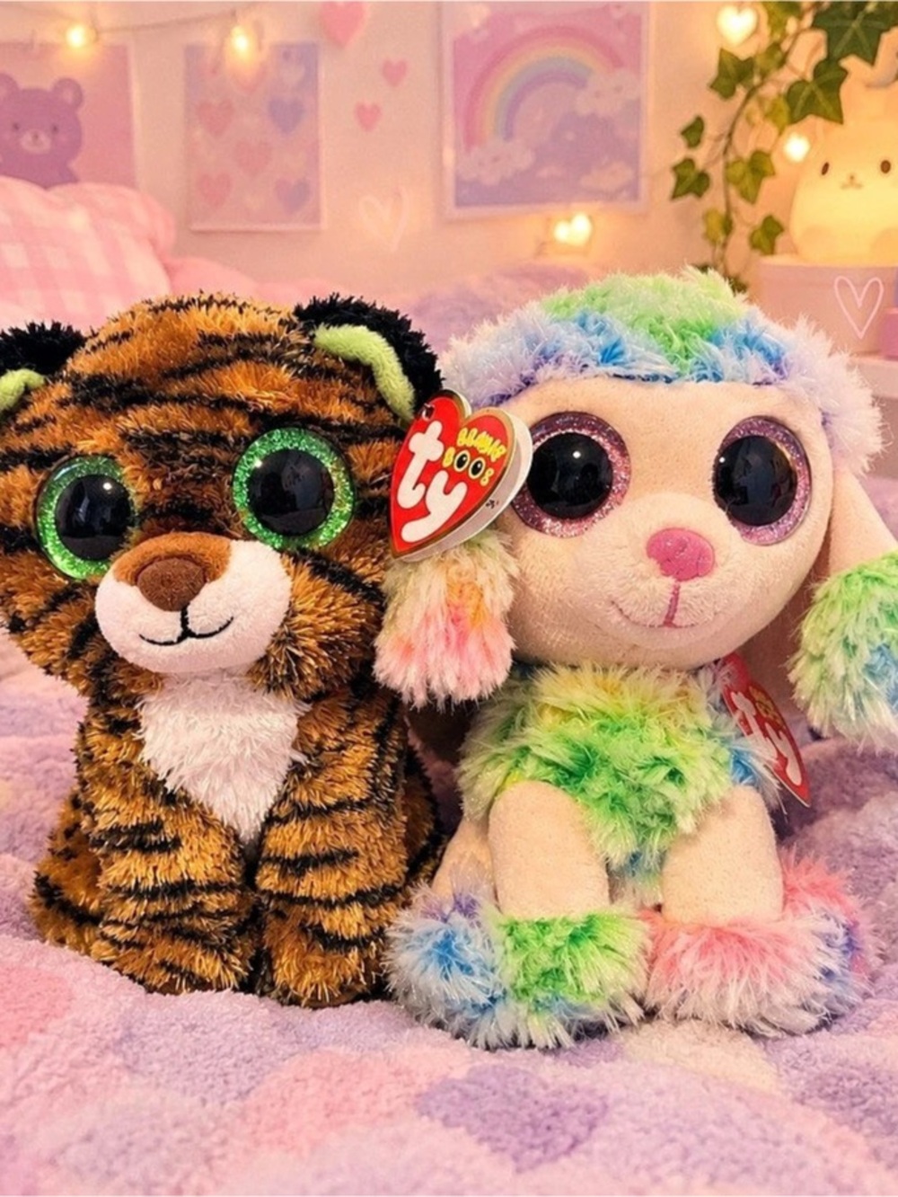 NEW With Tags TY Lot Of 2 Beanie Boos, Rainbow the Poodle & Tiggy The Tiger